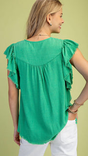 Stitched Trim Ruffle Slv Linen Blend Top