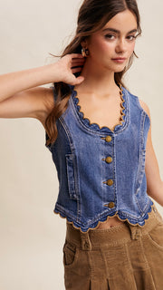 Scallop Trim Stretch Denim Vest