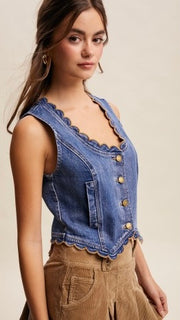 Scallop Trim Stretch Denim Vest