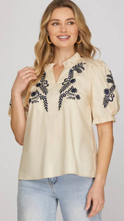 Embroidered Puff Sleeve Cotton Top