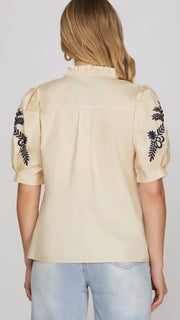 Embroidered Puff Sleeve Cotton Top