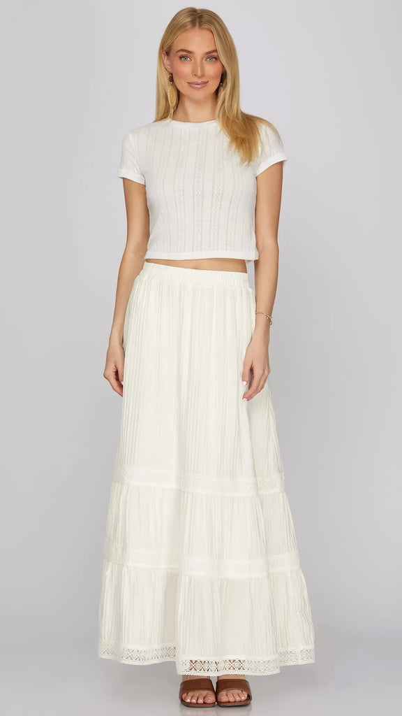 Lace Trim Tiered Maxi Skirt