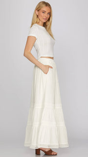 Lace Trim Tiered Maxi Skirt