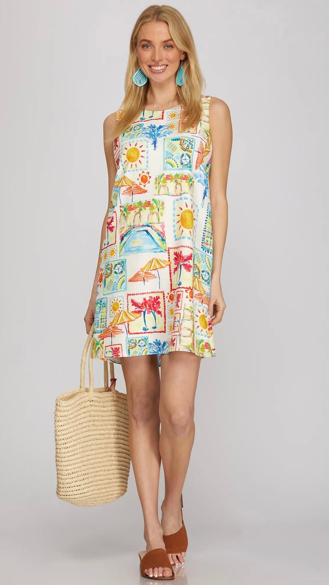 Beach Print Shift Dress with Pockets