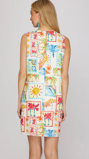 Beach Print Shift Dress with Pockets