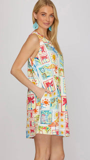 Beach Print Shift Dress with Pockets