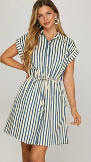 Cuffed Sleeve Stripe Tie Waist Dress