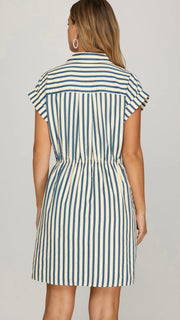 Cuffed Sleeve Stripe Tie Waist Dress