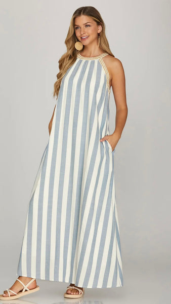 Halter Stripe Maxi Dress w/Crochet Trim