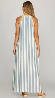 Halter Stripe Maxi Dress w/Crochet Trim