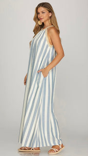 Halter Stripe Maxi Dress w/Crochet Trim