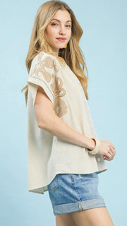 Embroidered Sleeve Button Front Top