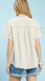 Embroidered Sleeve Button Front Top
