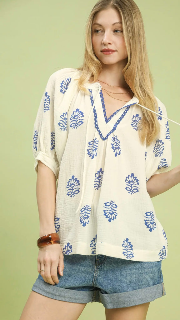 Floral Cotton Gauze Puff Slv Top