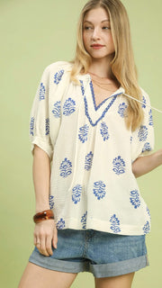Floral Cotton Gauze Puff Slv Top