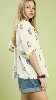 Floral Cotton Gauze Puff Slv Top