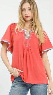Linen/Cotton Stripe Trim Top