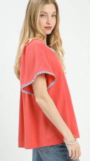 Linen/Cotton Stripe Trim Top