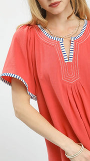 Linen/Cotton Stripe Trim Top