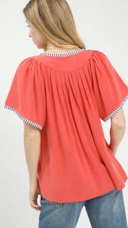 Linen/Cotton Stripe Trim Top