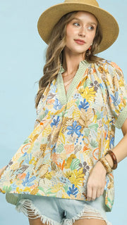 Mixed Floral Stripe Trim S/Slv Top