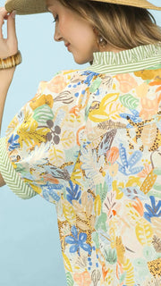 Mixed Floral Stripe Trim S/Slv Top