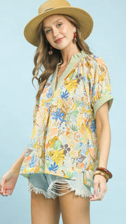 Mixed Floral Stripe Trim S/Slv Top