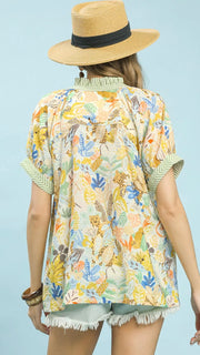 Mixed Floral Stripe Trim S/Slv Top