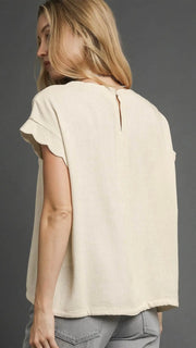 Scallop Trim Linen Blend Drawstring Top