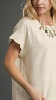 Scallop Trim Linen Blend Drawstring Top