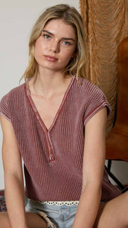 Mineral Wash Cotton V-Neck Sweater Top