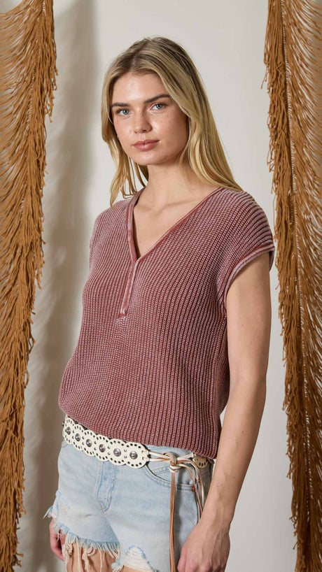 Mineral Wash Cotton V-Neck Sweater Top