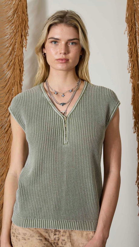 Mineral Wash Cotton V-Neck Sweater Top
