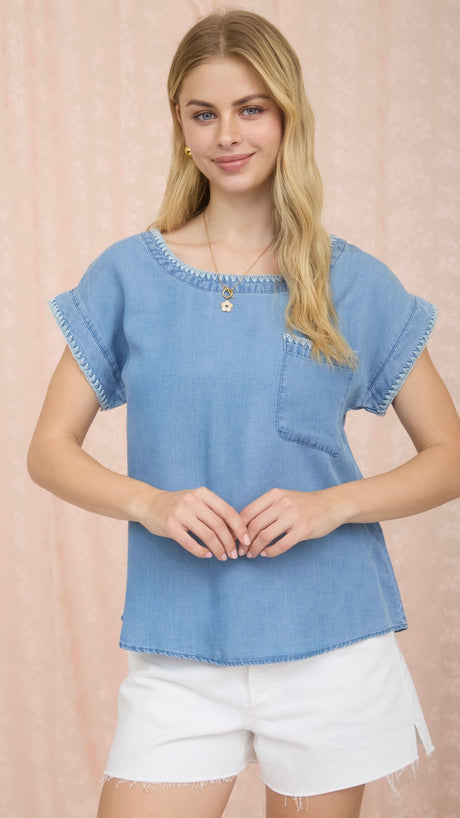 Triangle Stitch Trim Denim Top