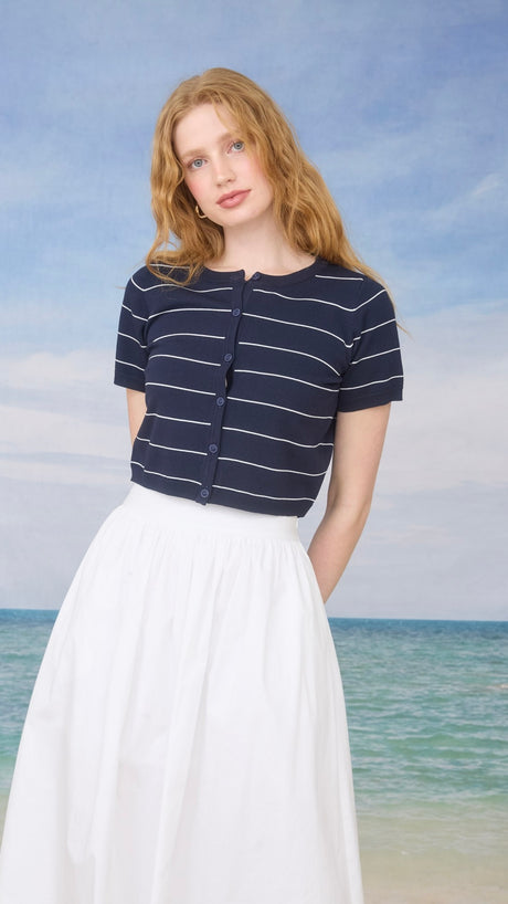 Stripe Short Slv Button Front Cardigan