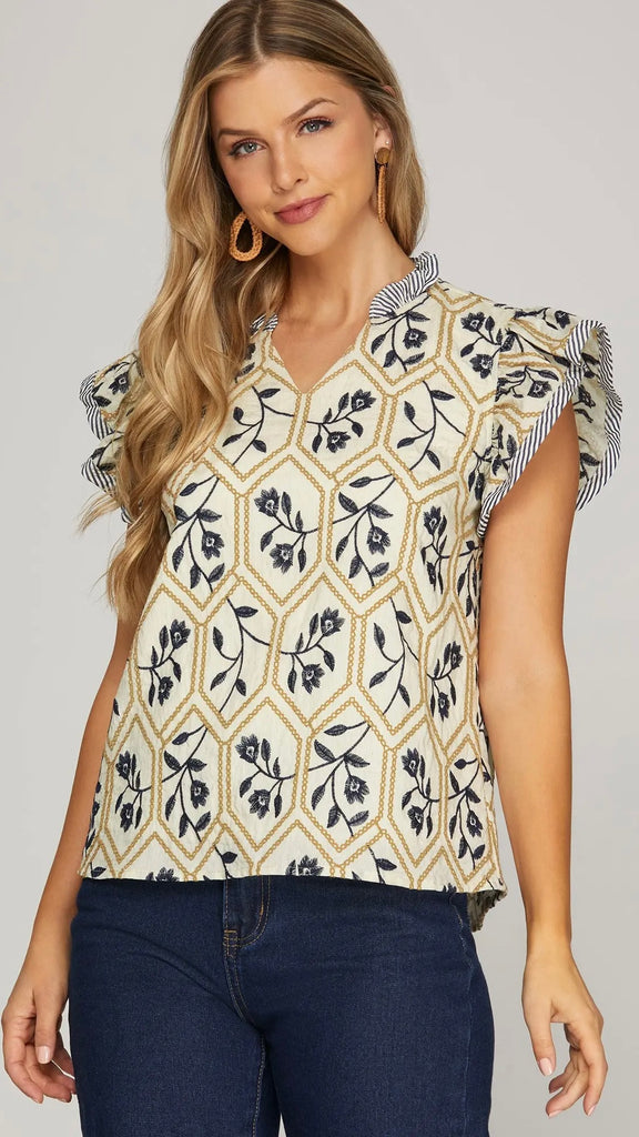 Embroidered Ruffle Shoulder Top