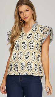 Embroidered Ruffle Shoulder Top