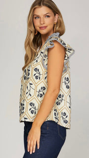 Embroidered Ruffle Shoulder Top
