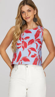 Tropical Leaf Button Back Tank Top