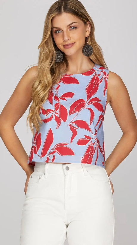 Tropical Leaf Button Back Tank Top