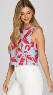 Tropical Leaf Button Back Tank Top