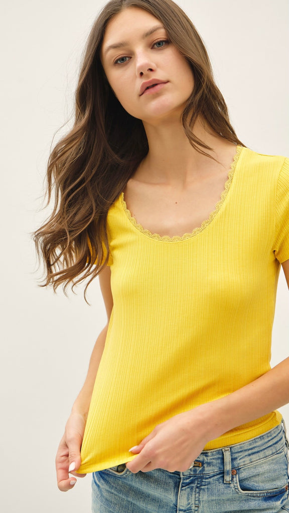 Lace Trim Scoop Neck Rib Knit Top
