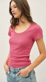 Lace Trim Scoop Neck Rib Knit Top