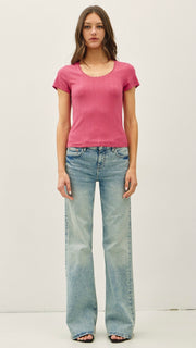 Lace Trim Scoop Neck Rib Knit Top