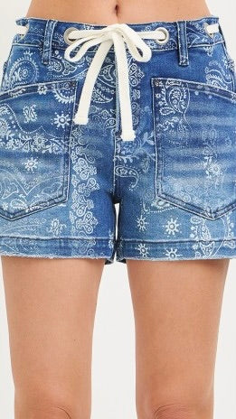 Paisley Patch Pkt Rope Tie Shorts