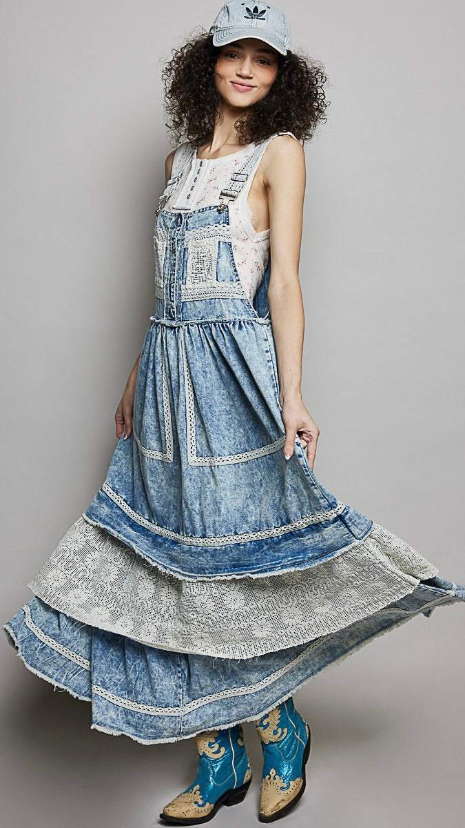 Crochet Lace Trim Denim Jumper Dress