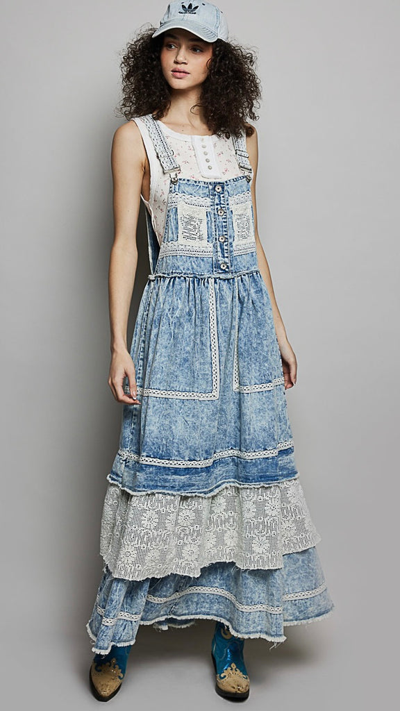 Crochet Lace Trim Denim Jumper Dress