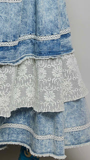 Crochet Lace Trim Denim Jumper Dress