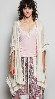 Open Weave Ruffle Trim Kimono Cardigan