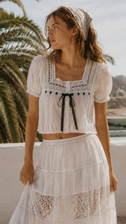 Crochet Lace+Ribbon Trim Cotton Top